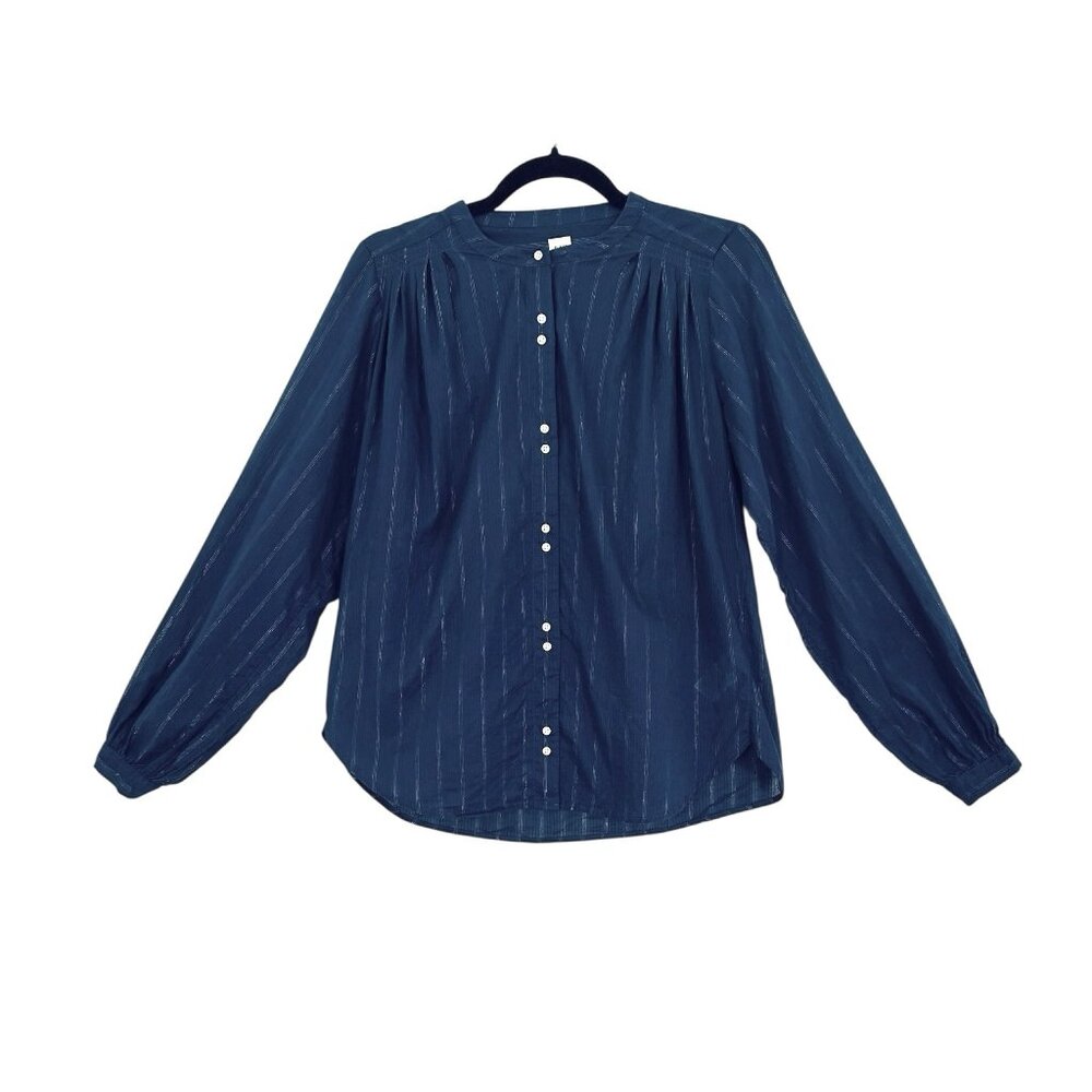 Gap Blue Metallic Stripe Pleated Shoulder Top